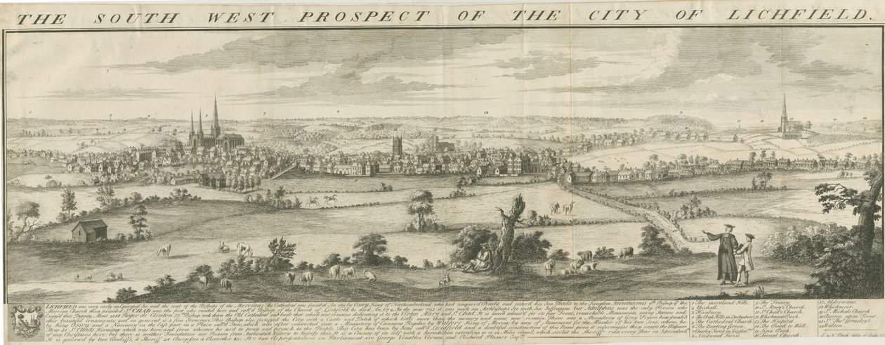 Lichfield - Zuidwest Prospect: gravure door Samuel Buck
