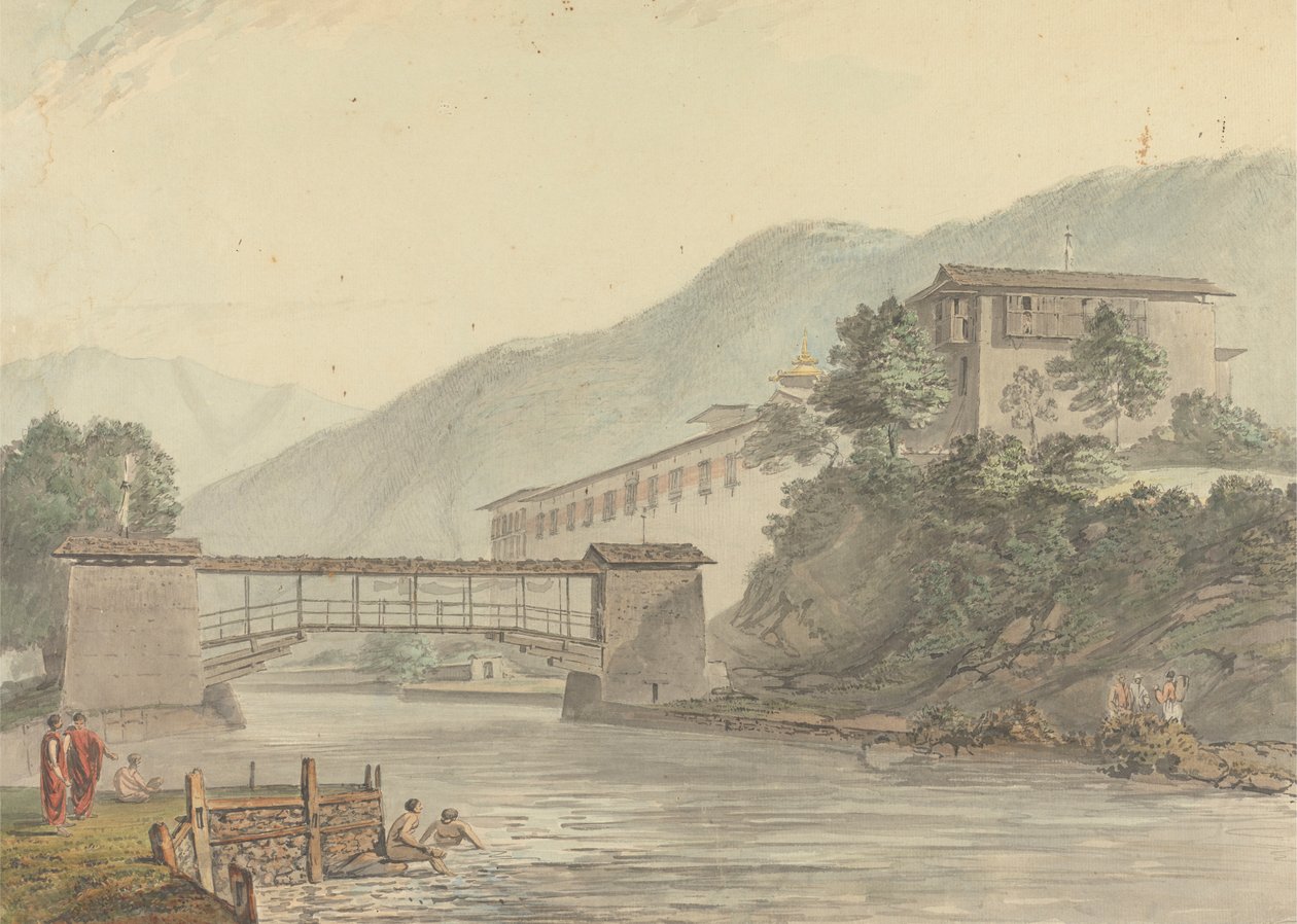 Uitzicht op Tashichoedzong, Bhutan en Voetbrug door Samuel Davis