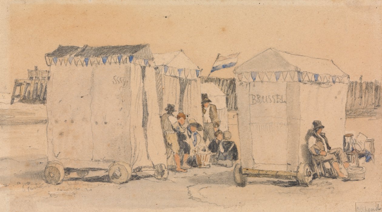 Badtentjes op het Strand, Oostende door Samuel Prout