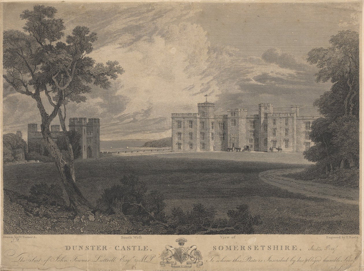 Zuidwestelijk uitzicht op Dunster Castle, Somersetshire door Samuel Rawle
