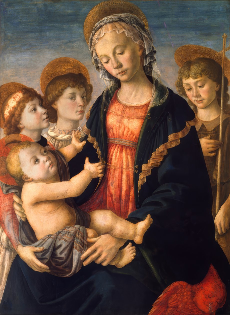 Maria met kind, de Johannesjongen en twee engelen door Sandro Botticelli