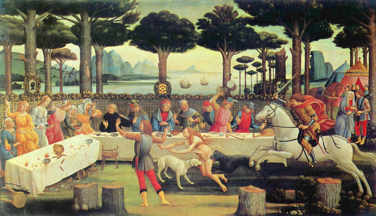 Het Banket in het Pijnboombos door Sandro Botticelli