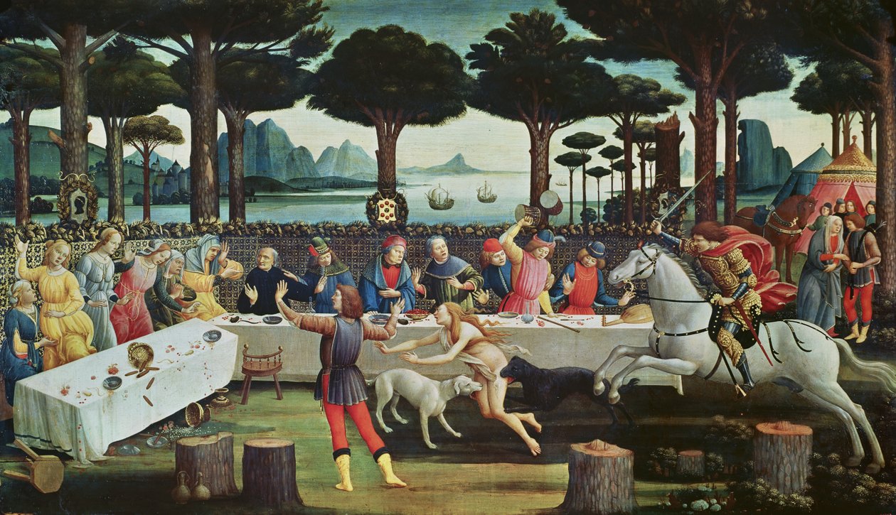 Het banket in het dennenbos: Scene III van Het verhaal van Nastagio degli Onesti, c.1483 door Sandro Botticelli
