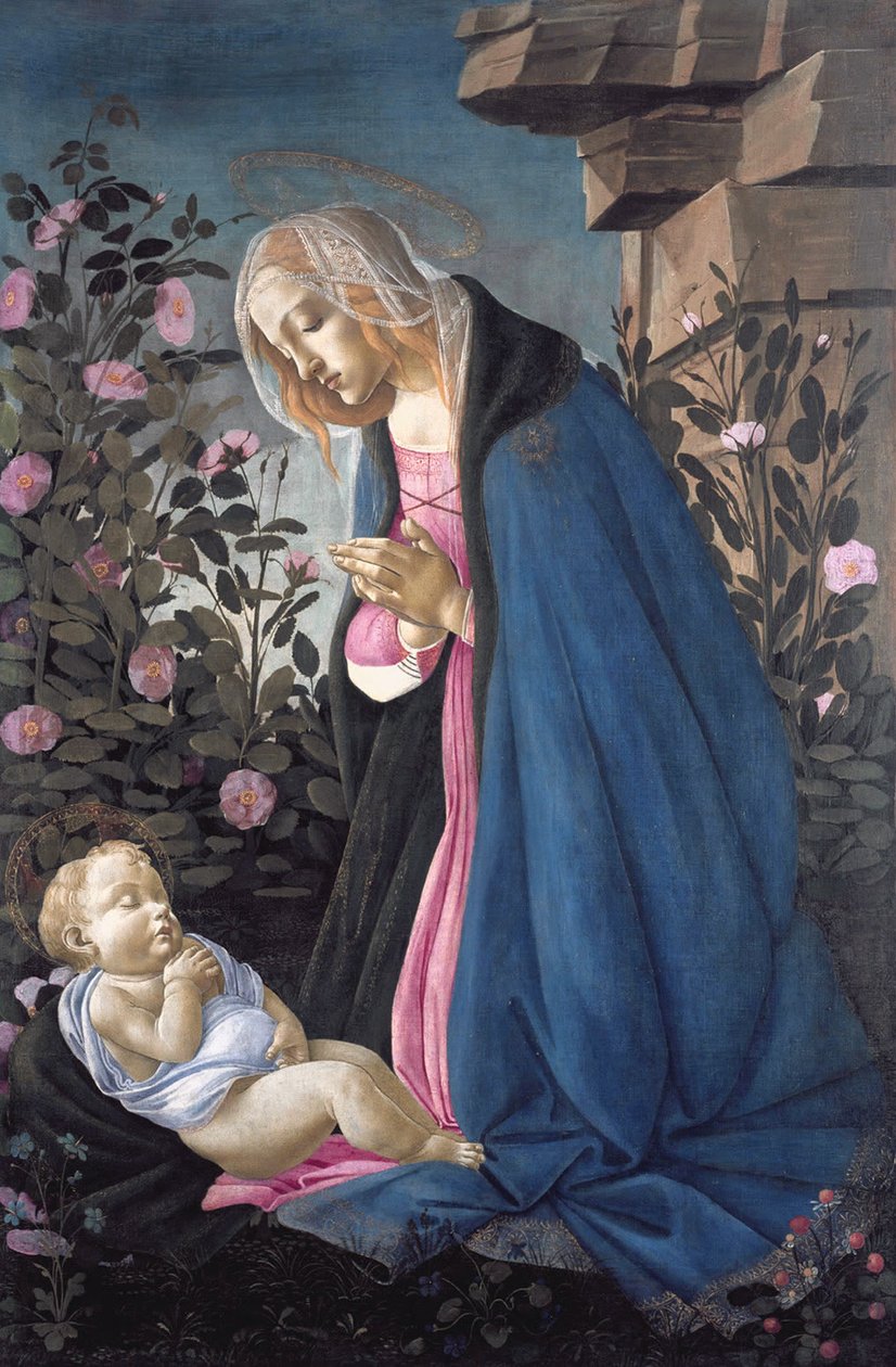 De Maagd die het slapende Christuskind aanbidt door Sandro Botticelli