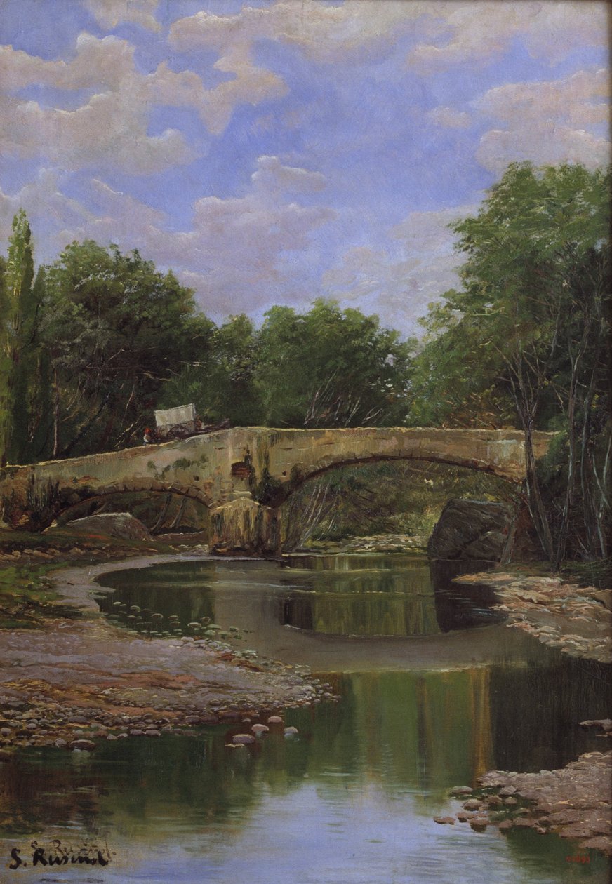 Brug over een rivier door Santiago Rusiñol