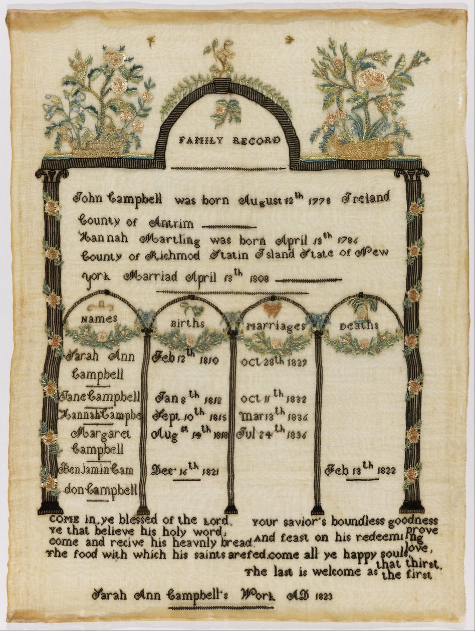 Familie register merklap door Sarah Ann Campbell