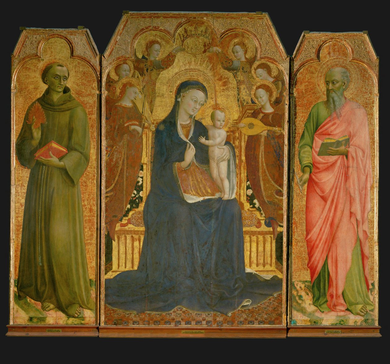 Polyptiek. Midden: Madonna en kind omringd ... door Sassetta (c.1392 1450)