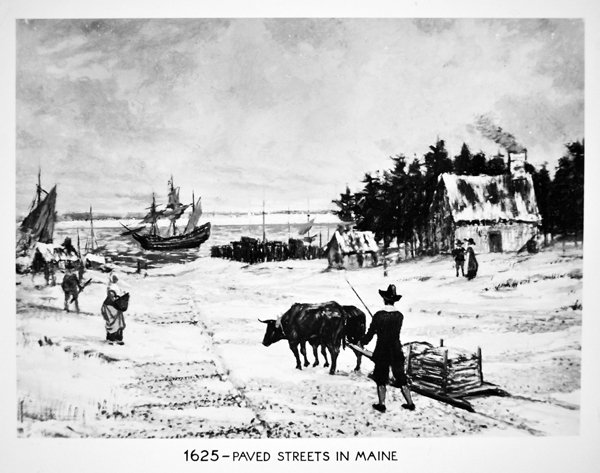 Bestraatte straten in Maine in 1625 (litho) door School American
