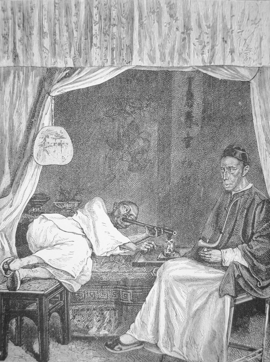 Chinese opiumrokers, gravure uit 1875 door School Chinese
