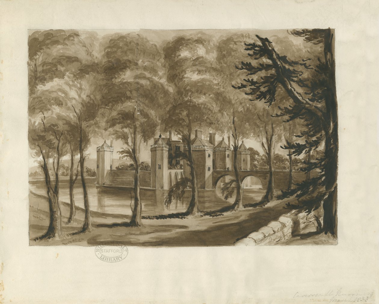 Caverswall Kasteel: sepia tekening door School English