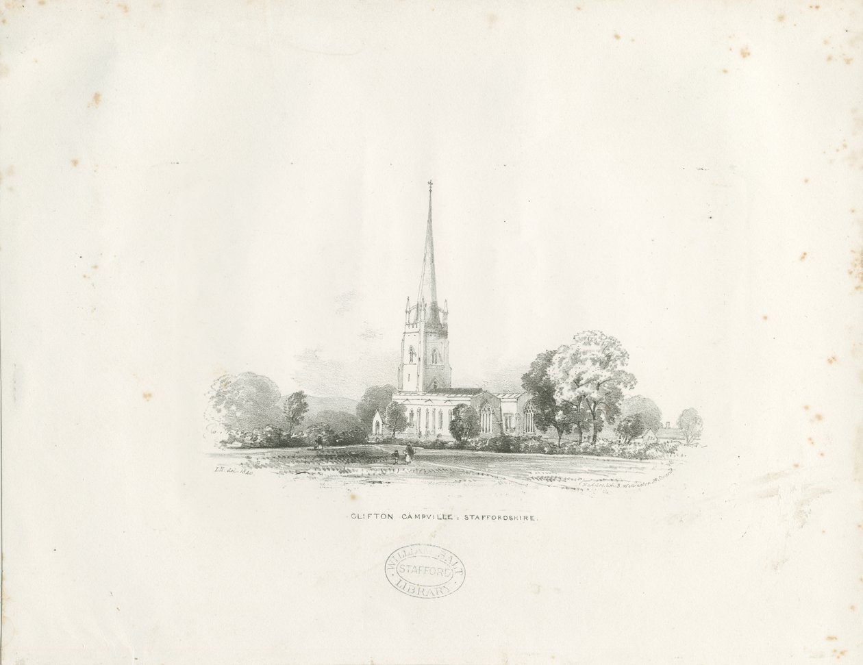 Clifton Campville Kerk (lithografie) door School English