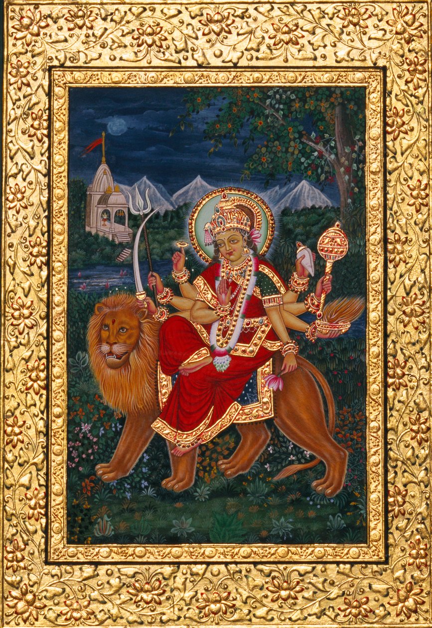 Goddess Durga Miniatuurschilderij met gouden lijst door School Indian