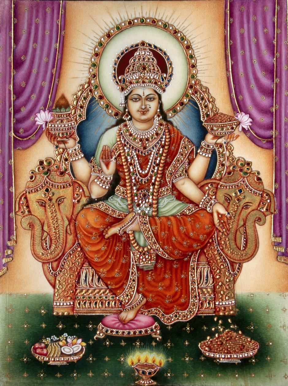 Godin Lakshmi miniatuurschilderij op ivoor door School Indian