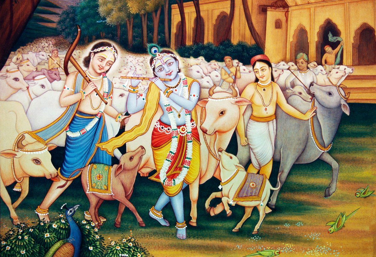 Krishna en Balram met Gopal miniatuurschilderij door School Indian