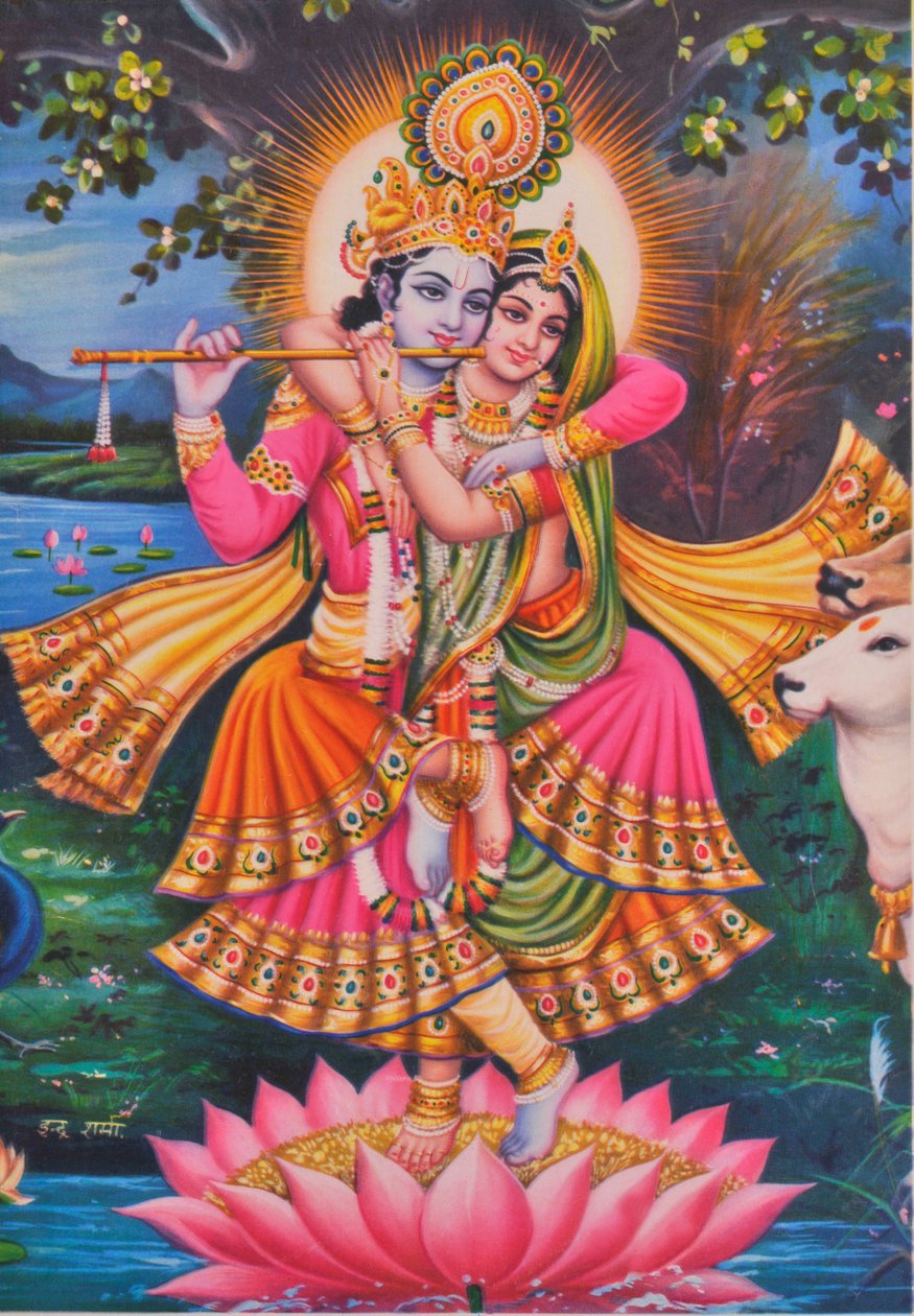 Krishna en Radha (kleurenlitho) door School Indian