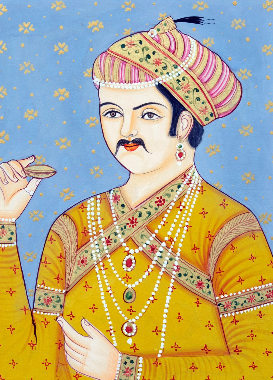 Miniatuurschilderij van Mughal keizer Akbar door School Indian