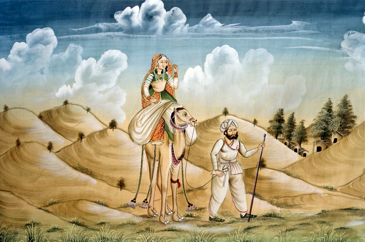 Miniatuurschilderij op zijde, eenzame reizigers, Rajasthan door School Indian