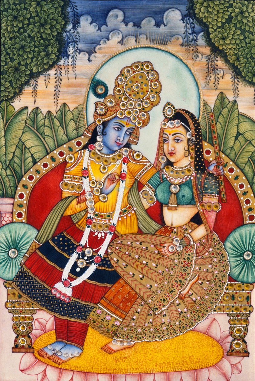 Radha Krishna Miniatuurschilderij op ivoor door School Indian