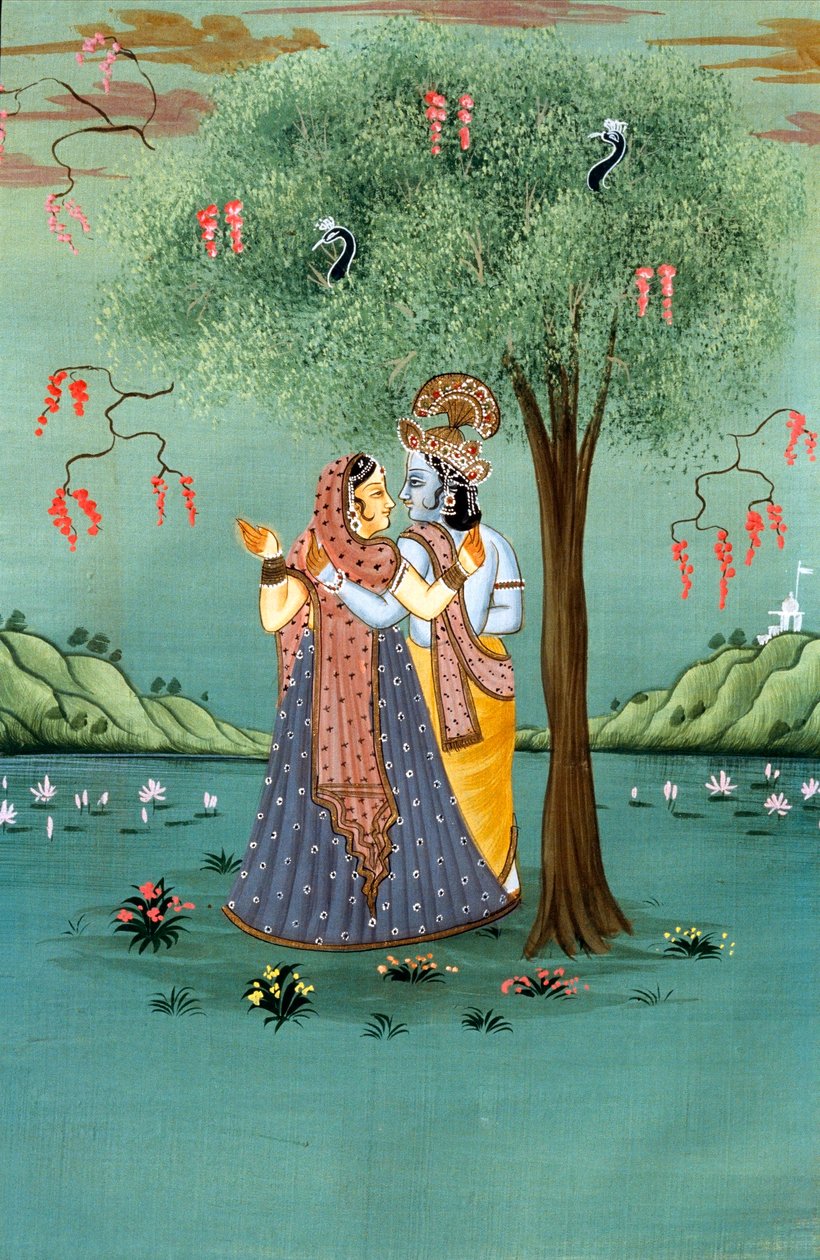 Radha Krishna miniatuurschilderij op papier door School Indian