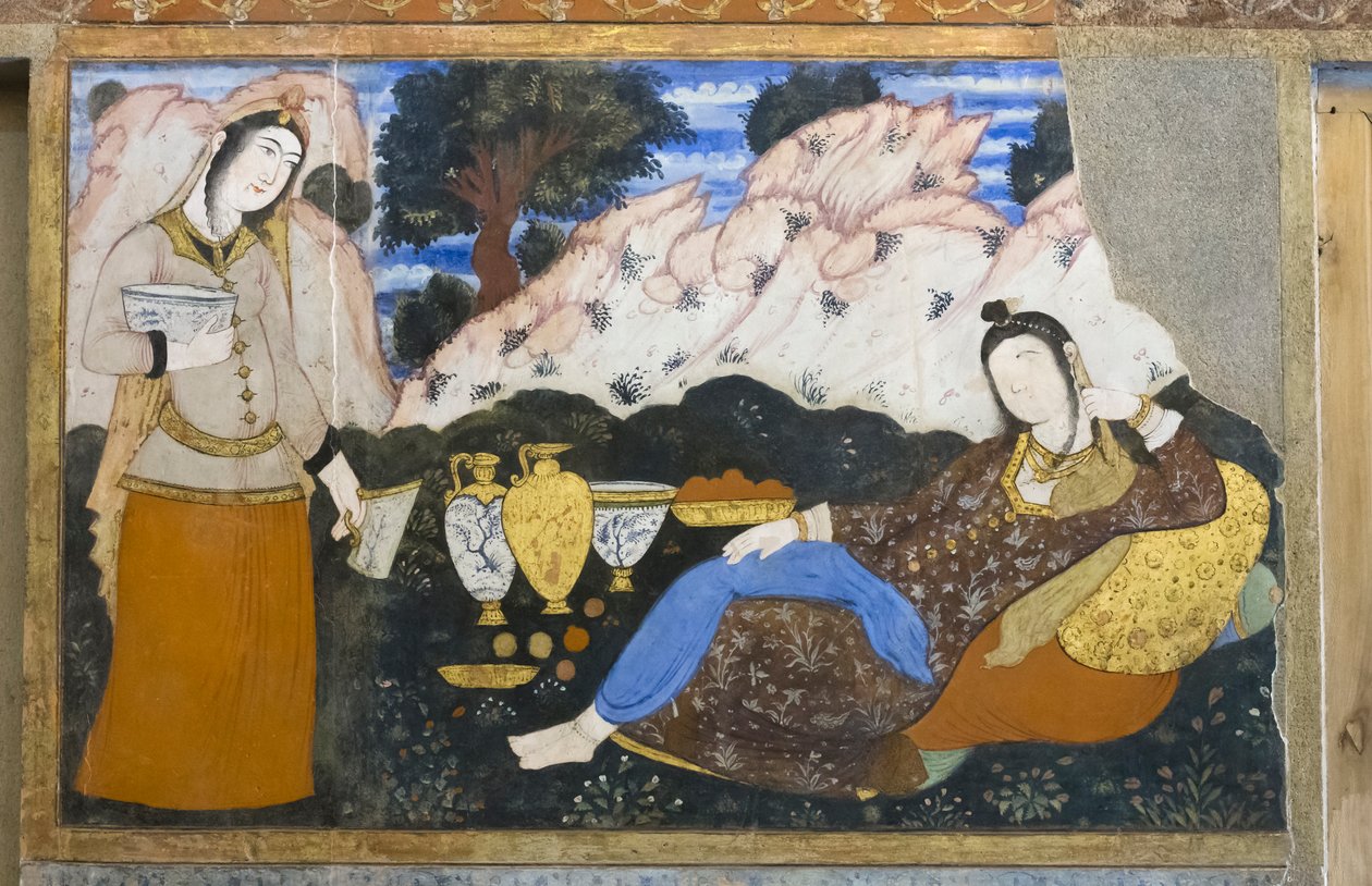 Fresco in het Chehel Sotoun paleis, Esfahan, Iran door School Iranian