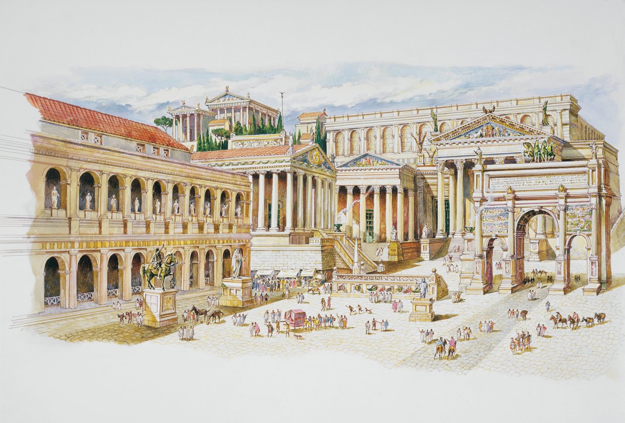 Romeins Forum (kleur litho) door School Italian