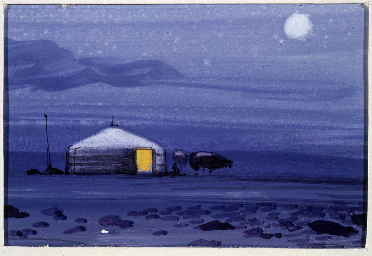 Mongoolse Yurt, Nacht - Mongoolse Aquarel door School Mongolian