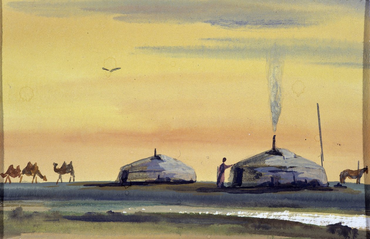 Joerten en Kamelen, Mongolië - Mongoolse Aquarel door School Mongolian