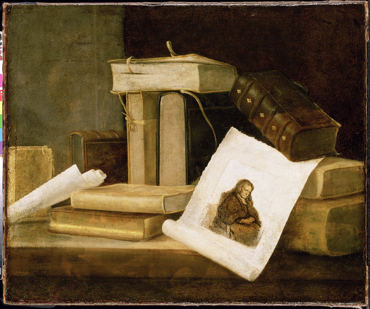 Stilleven van boeken en een Rembrandt-gravure door Sebastian Stoskopff