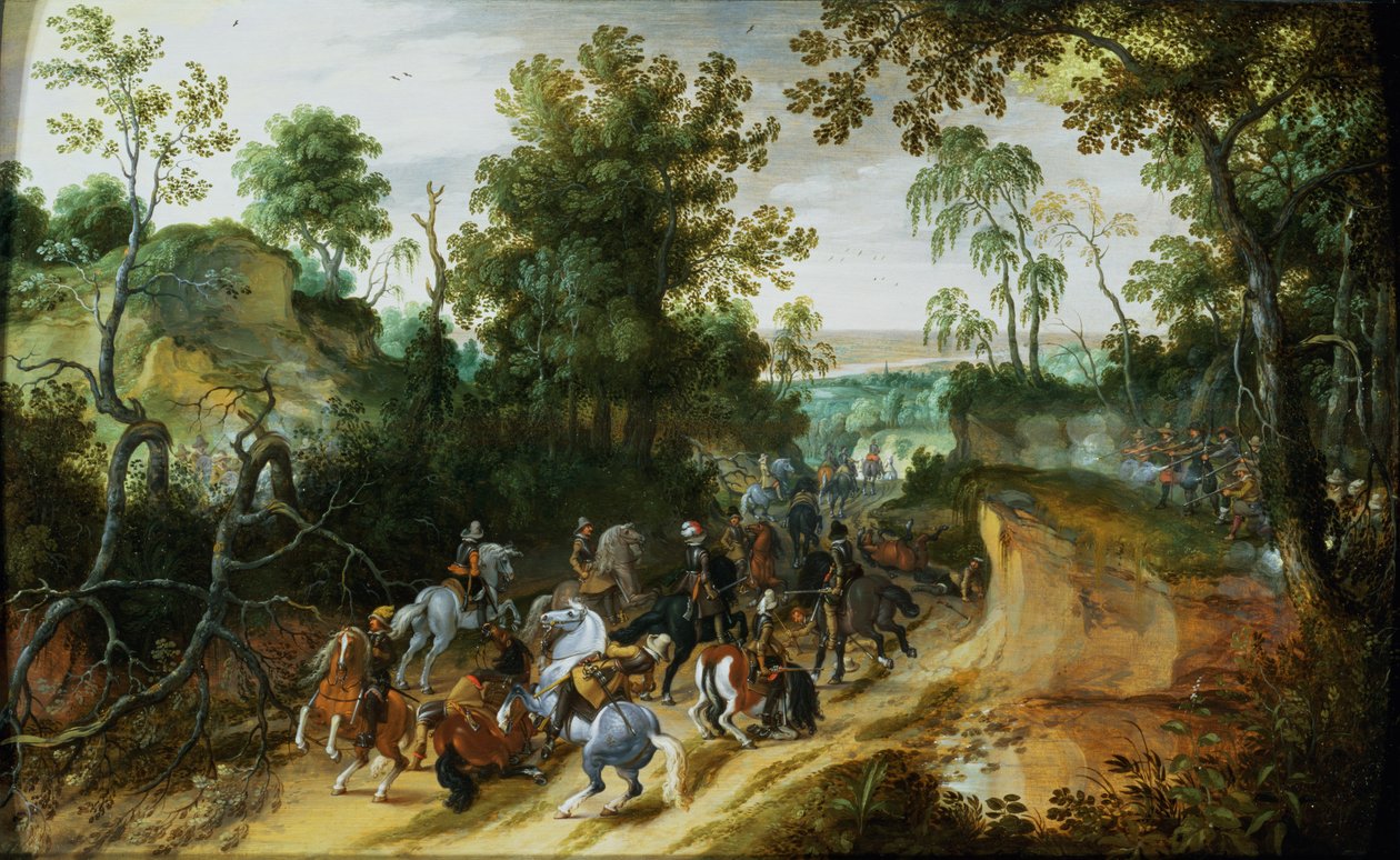 Een Cavaleriekolonne in een hinderlaag op een bosweg door Sebastian Vrancx