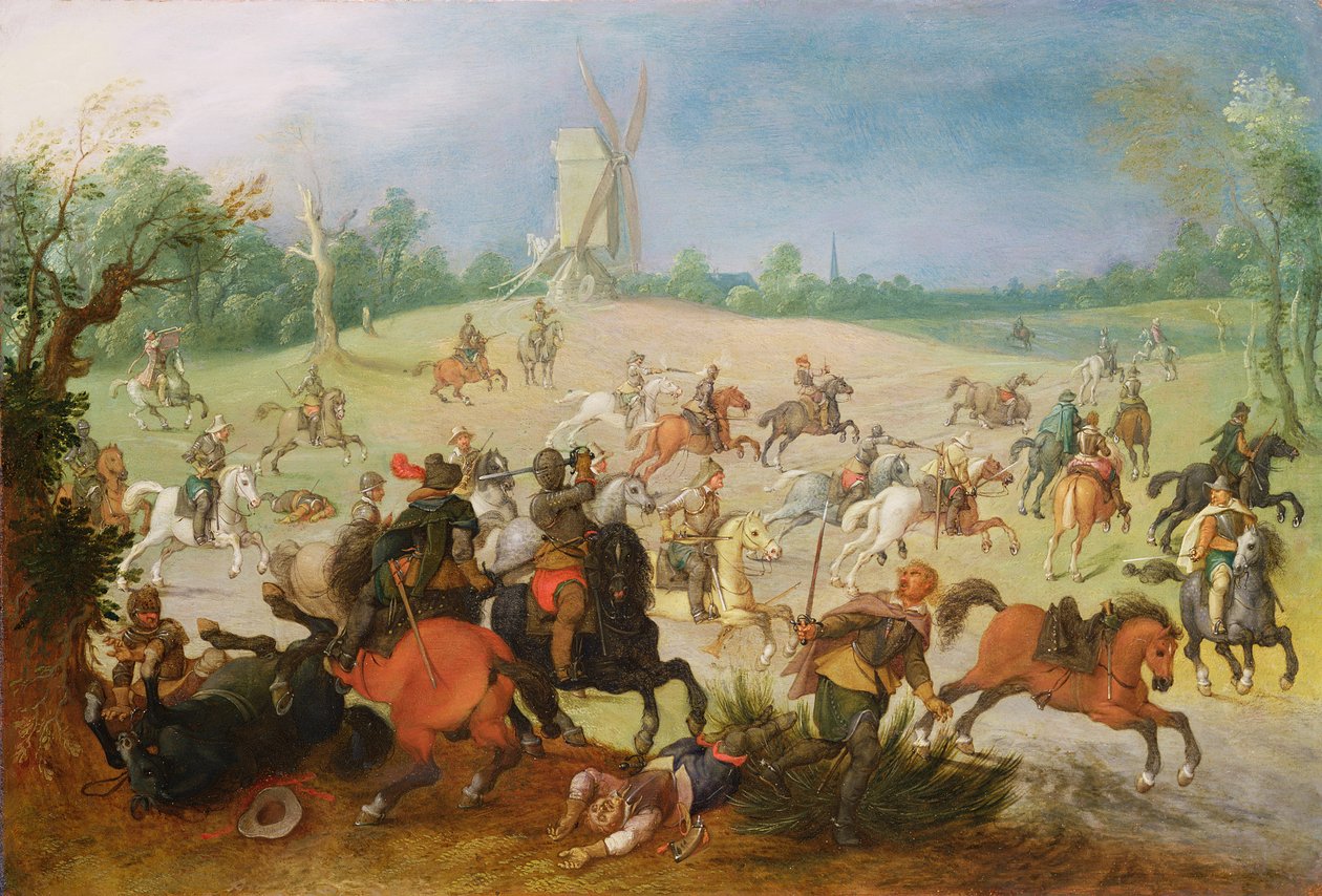 Een cavaleriegevecht in een beboste vallei voor een windmolen door Sebastian Vrancx