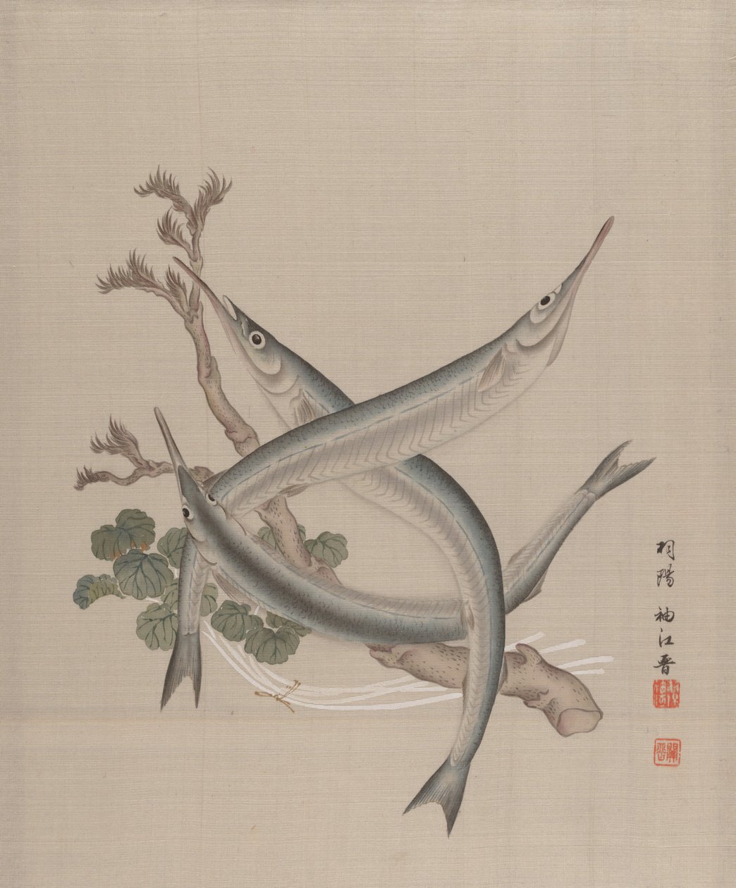 Drie vissen en een tak, ca. 1890-92 door Seki Shuko