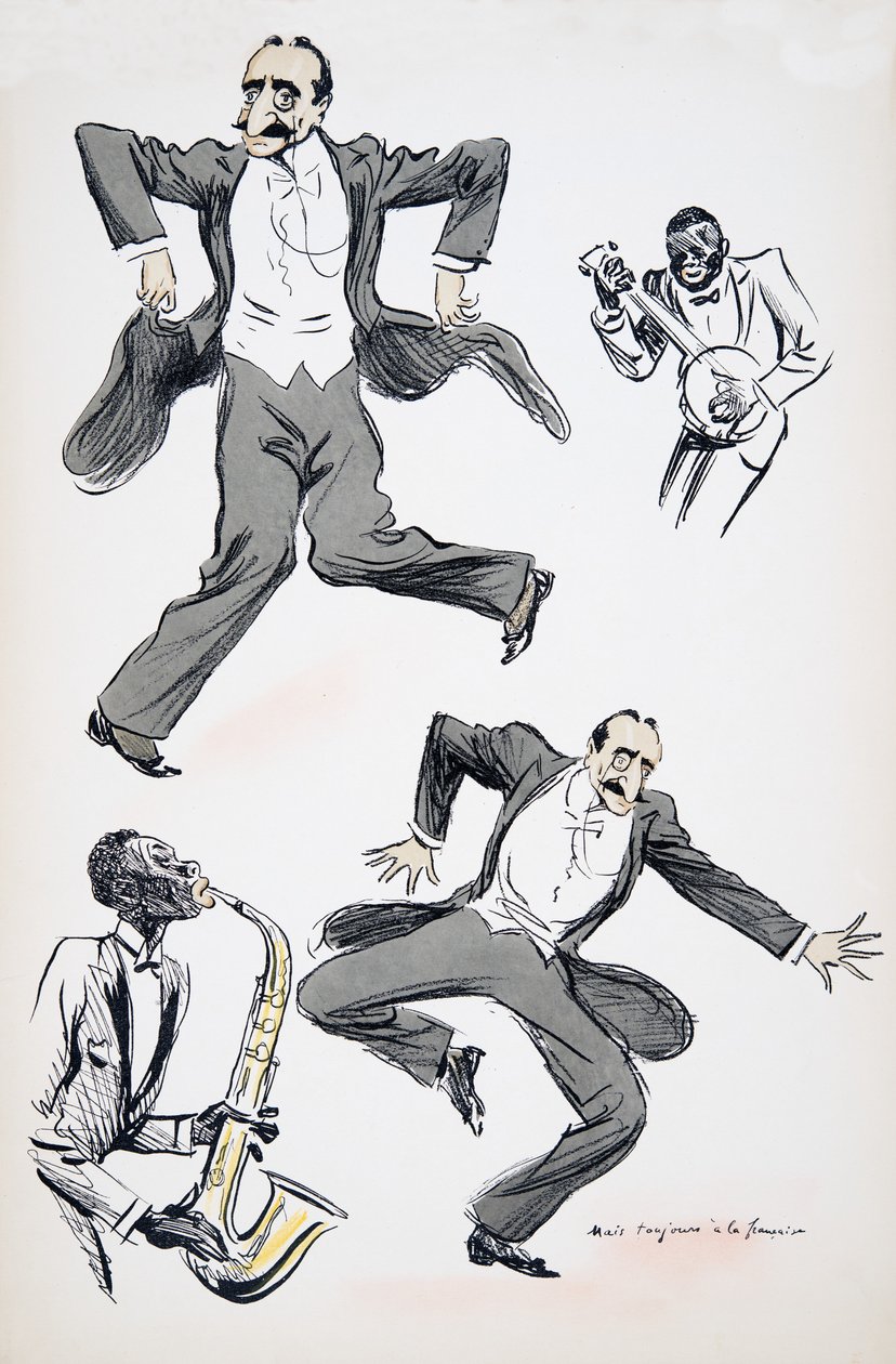 Heer in witte stropdas en rokkostuum dansen terwijl twee muzikanten saxofoon en banjo spelen, uit White Bottoms, uitgegeven 1927 door Sem