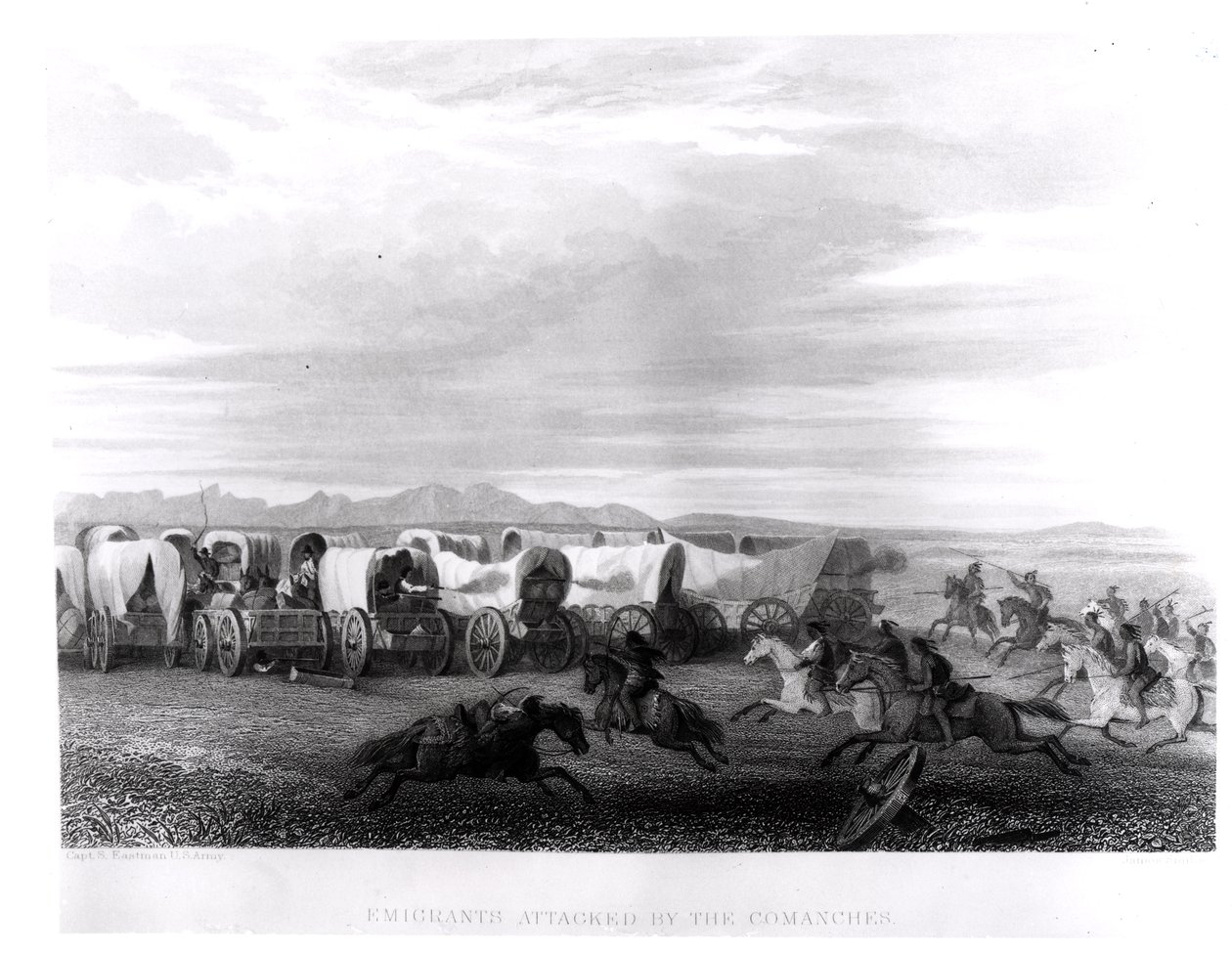 Emigranten aangevallen door de Comanches, gegraveerd door John Smith door Captain Seth Eastman