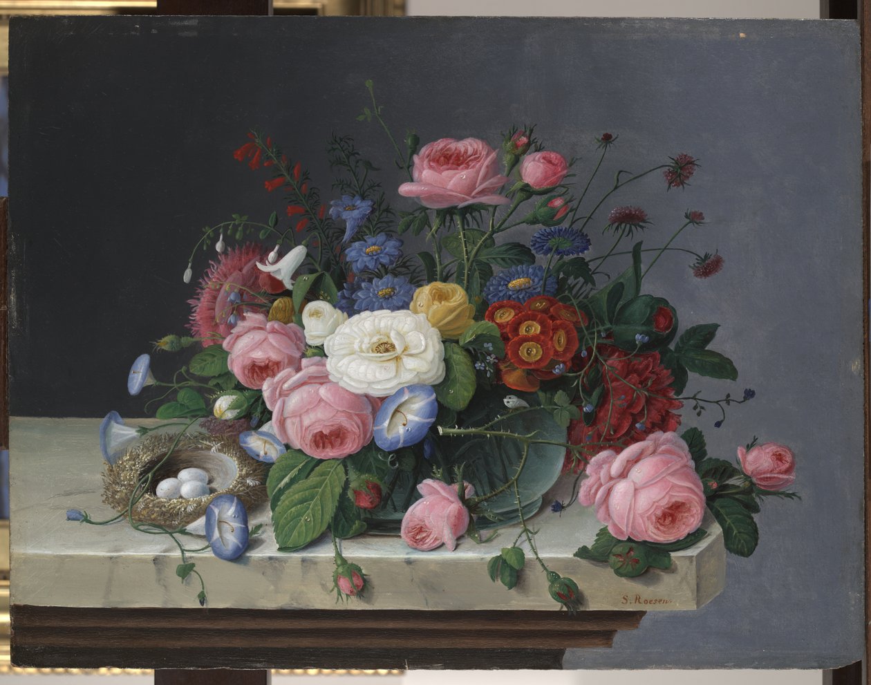 Stilleven met Bloemen en Vogelnest, na 1860 door Severin Roesen