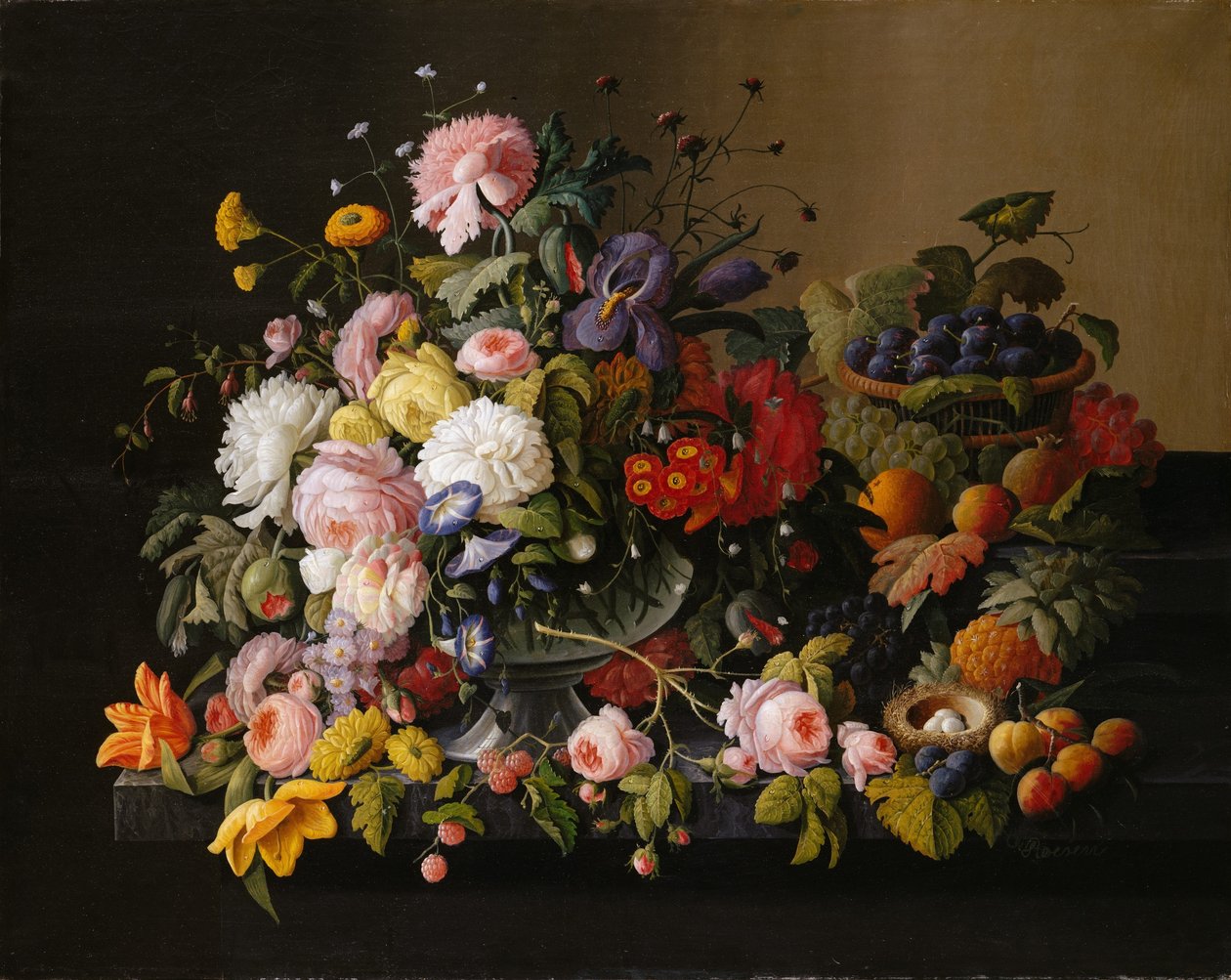 Stilleven: Bloemen en Fruit door Severin Roesen