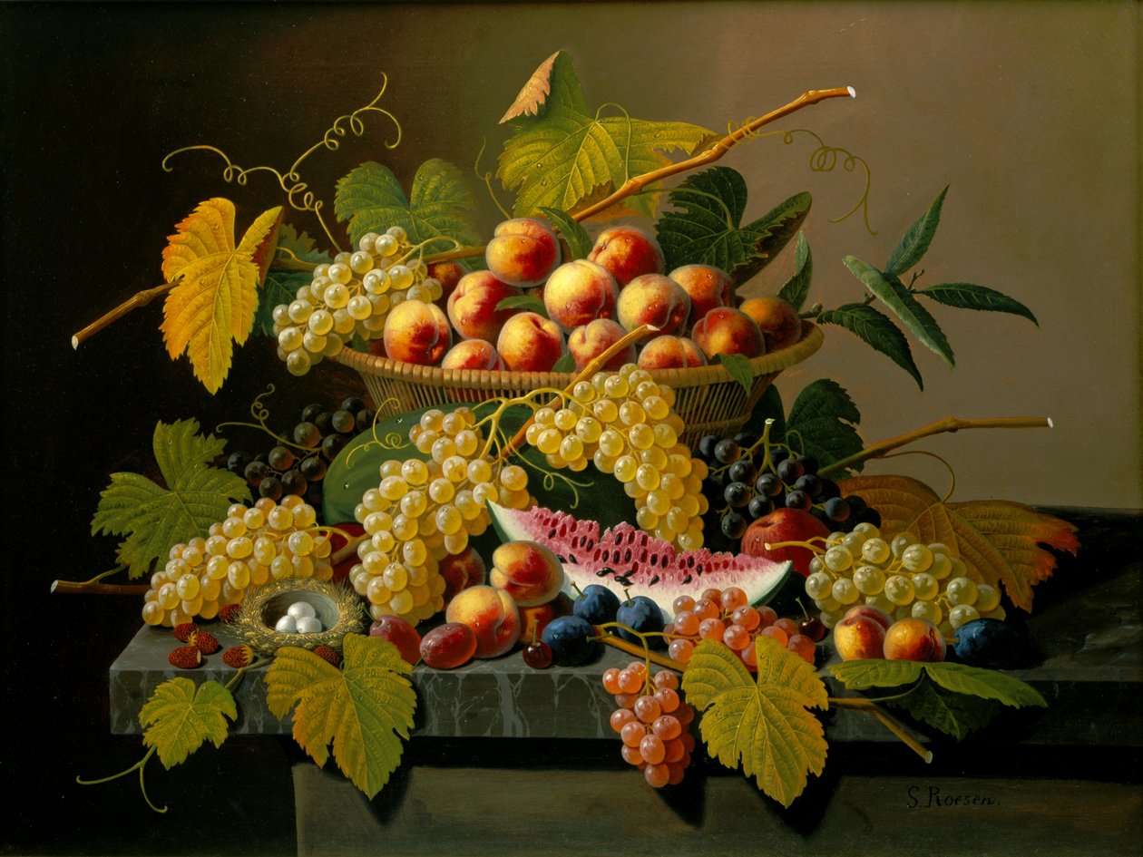 Stilleven met een mand fruit door Severin Roesen