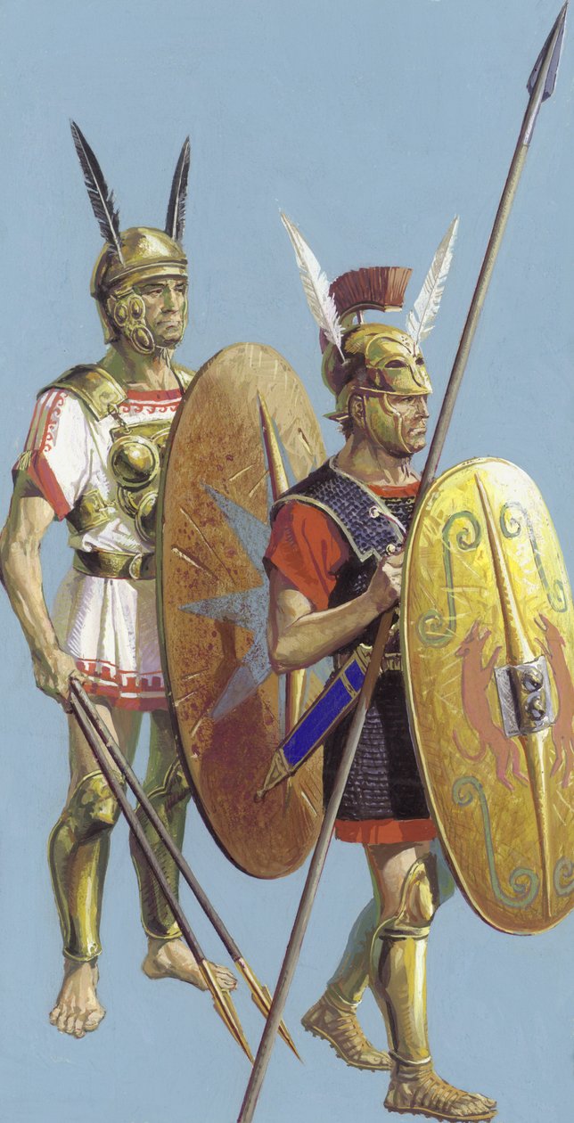 Samnitische en Romeinse soldaten (gouache op papier) door Severino Baraldi