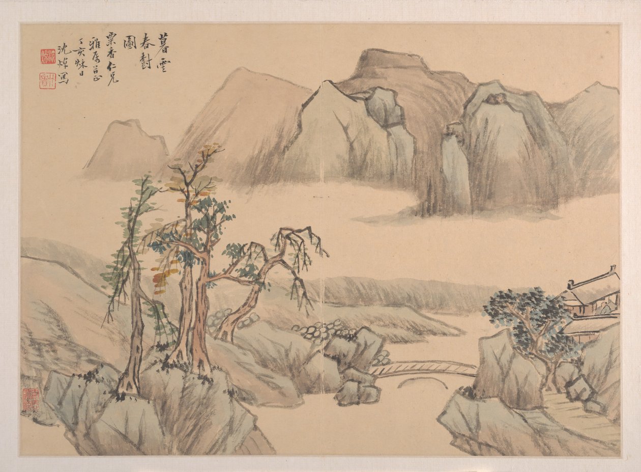 Landschap, gedateerd 1827 door Shen Zhuo