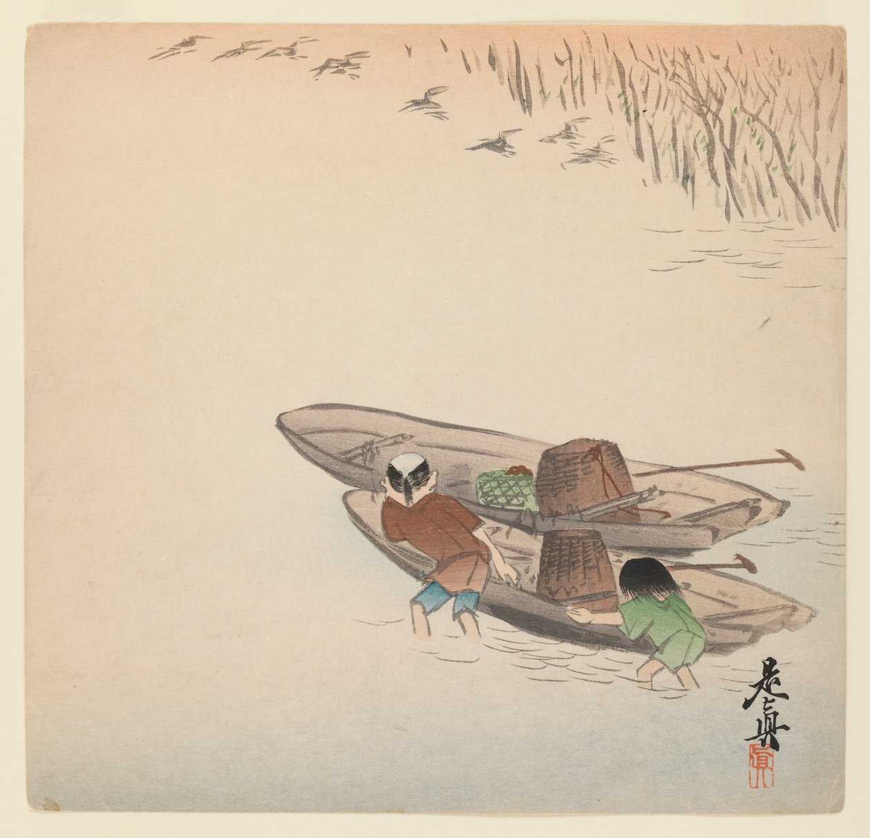 Visser met jongen en boten uit de serie Hana Kurabe, c.1880 door Shibata Zeshin