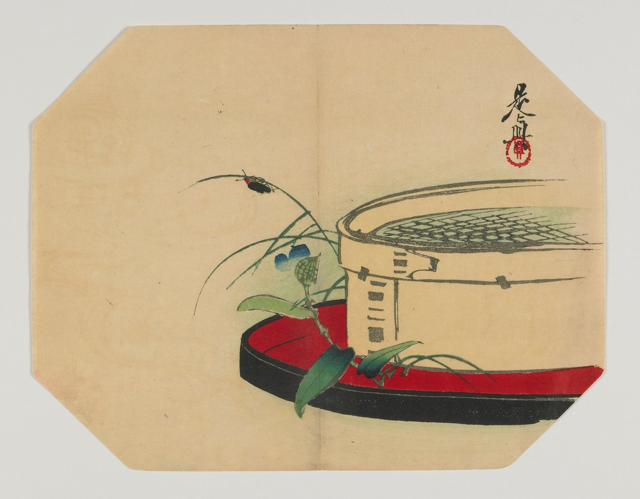 Print voor een uchiwa; vuurvlieg op bloeiende plant, met bamboe zeef, Meiji periode, eind 19e eeuw door Shibata Zeshin