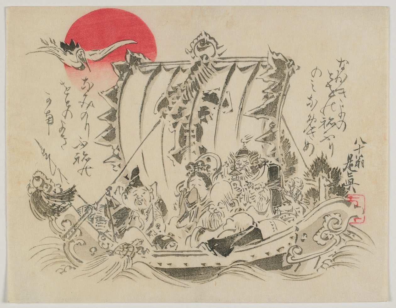 Zeven Goden van Fortuin in een Schatboot, Meiji-periode, eind 19e eeuw (kleur houtsnede) door Shibata Zeshin