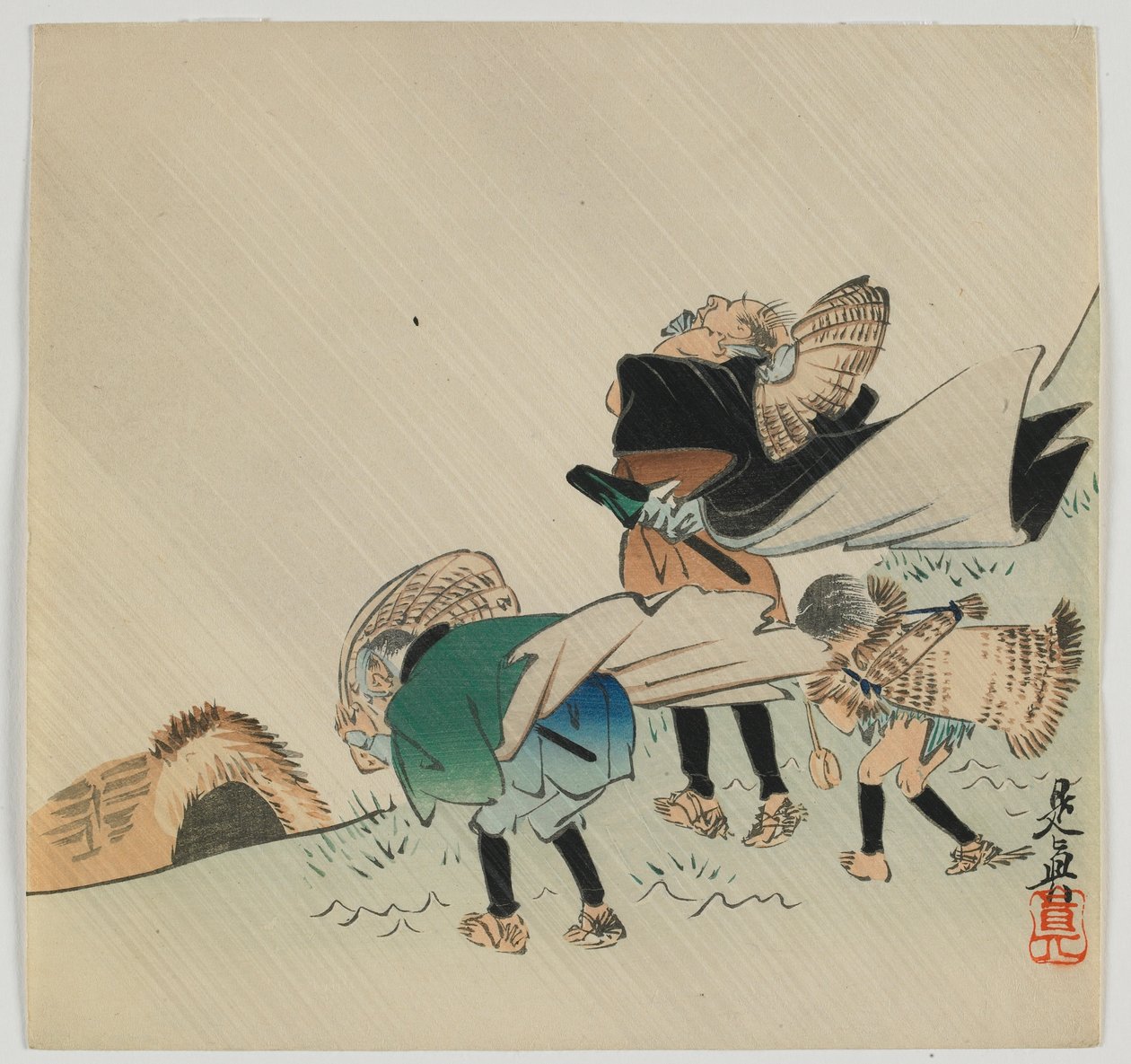 Drie reizigers gevangen in de wind, Meiji-periode, eind 19e eeuw (kleurenhoutsnede) door Shibata Zeshin