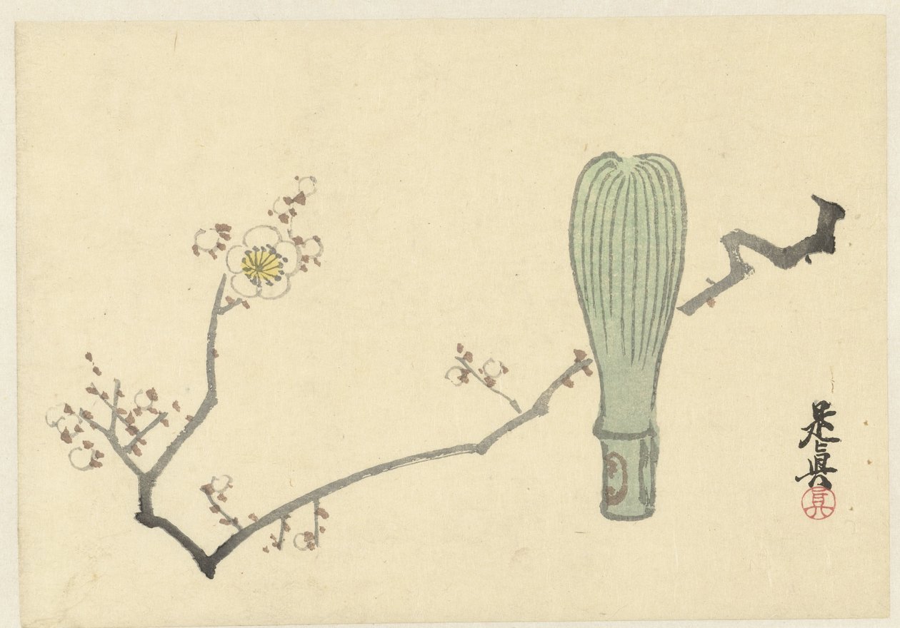 Pruimenbloesem en een theeklopper door Shibata Zeshin