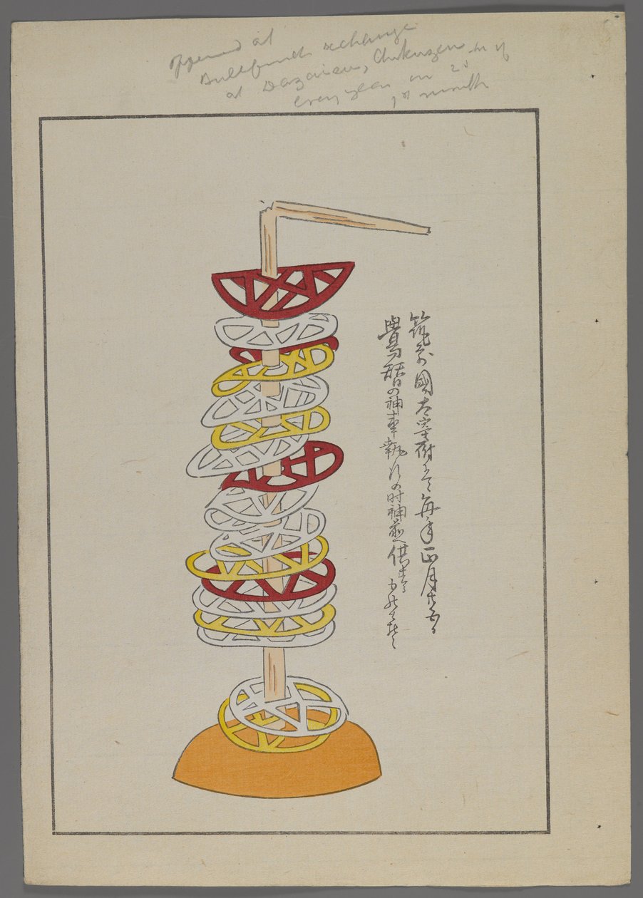 Japanse speelgoed, uit Unai no tomo (Vrienden van een kind) door Shimizu Seifu, 1891-1923. Geperforeerde geometrische schijven op stok. door Shimizu Seifu