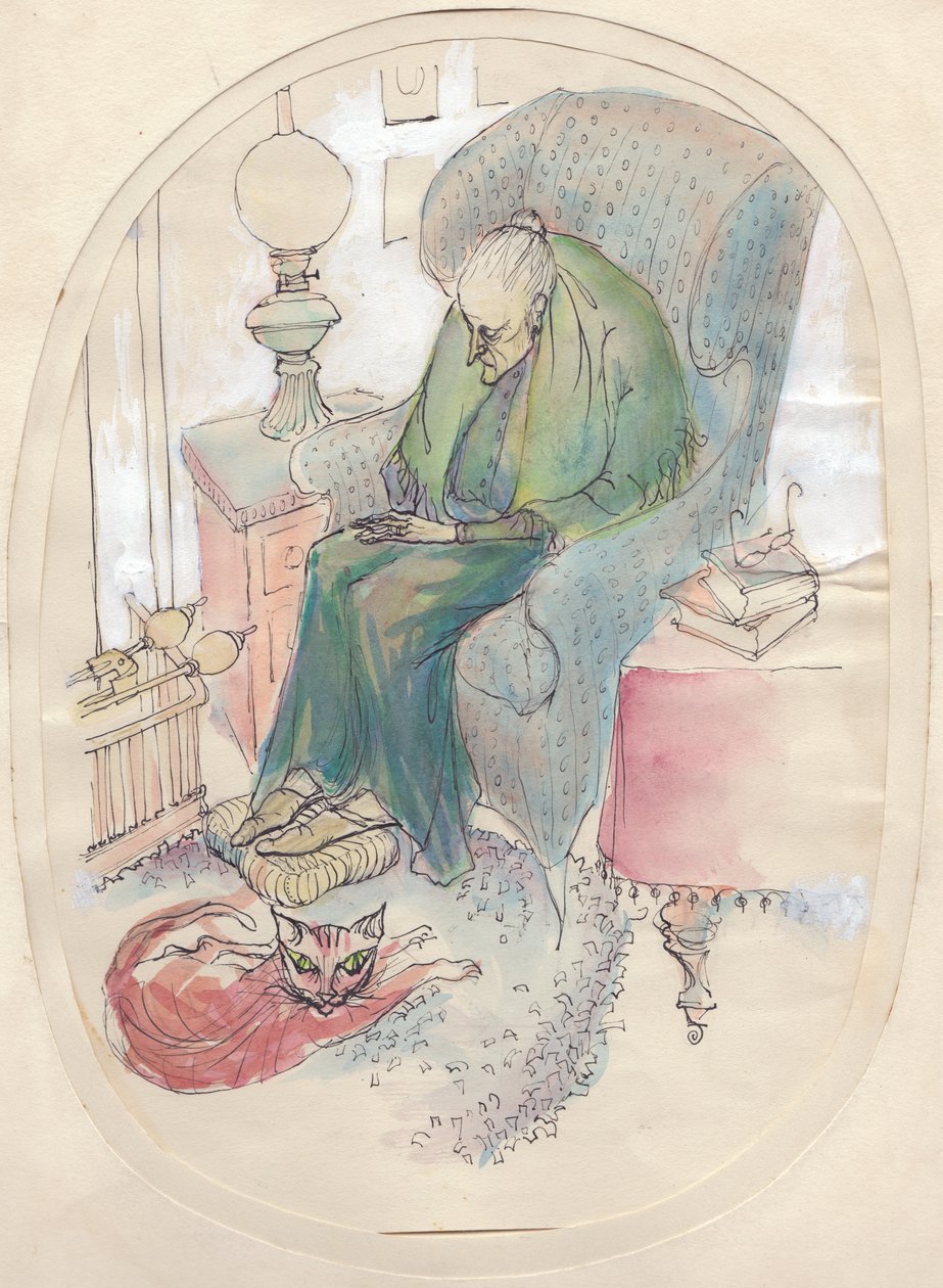 Oude vrouw en kat, 1951 door Shirley Markham