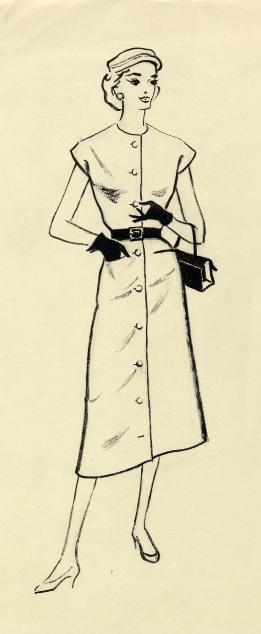 Vrouw in jurk met riem, ca. 1950 door Shirley Markham