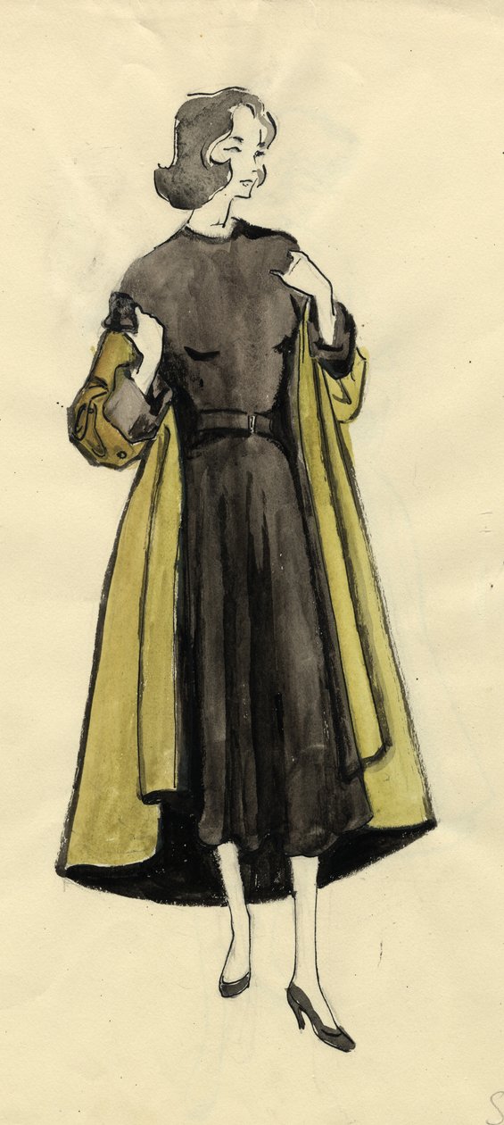 Vrouw in olijfkleurige jas, ca. 1950 door Shirley Markham