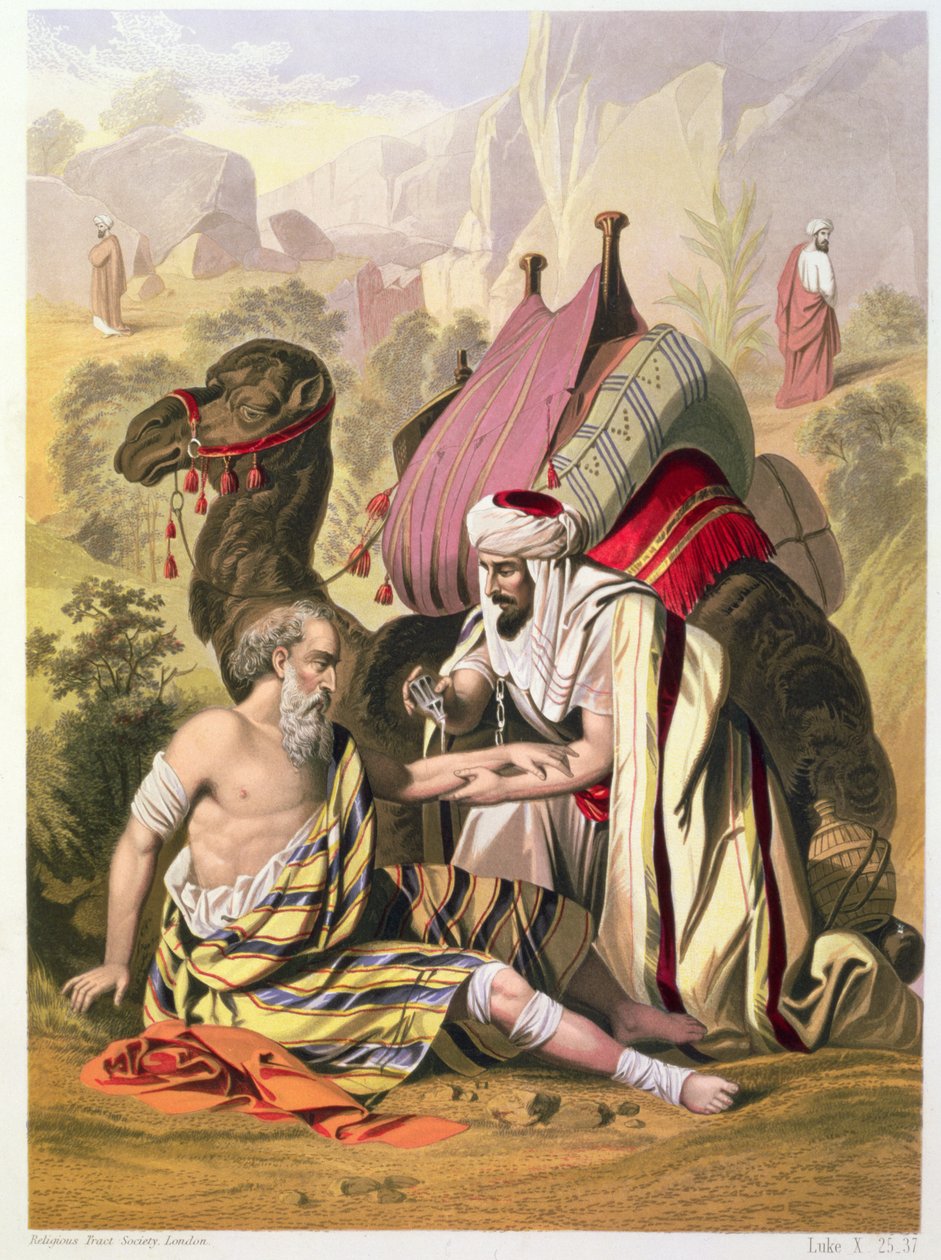 De Barmhartige Samaritaan, uit een bijbel gedrukt door Edward Gover, 1870