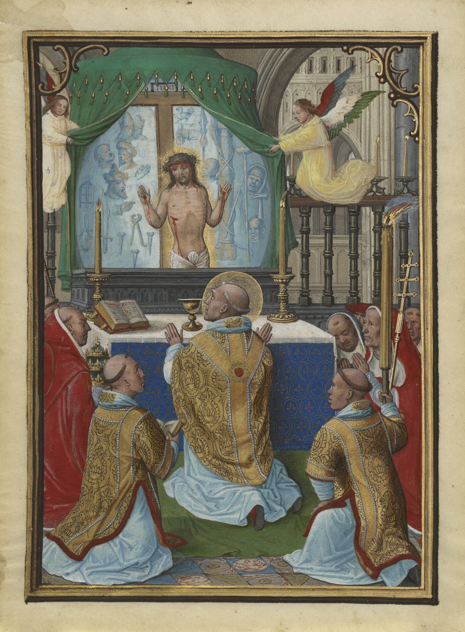 De Mis van Sint Gregorius, miniatuur uit de Heures de Munich-Montserrat door Simon Bening