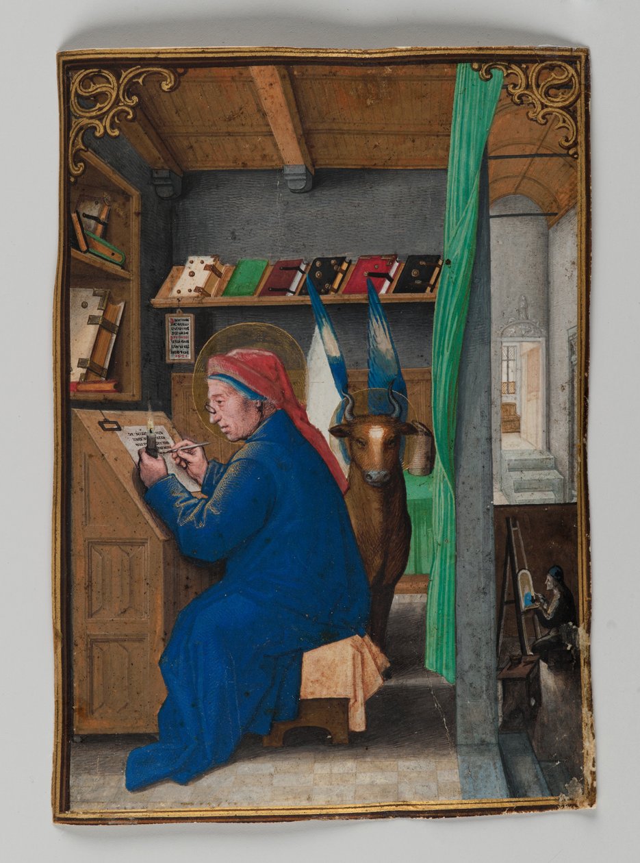 St. Lucas schrijft in kroon, 1521 door Simon Bening
